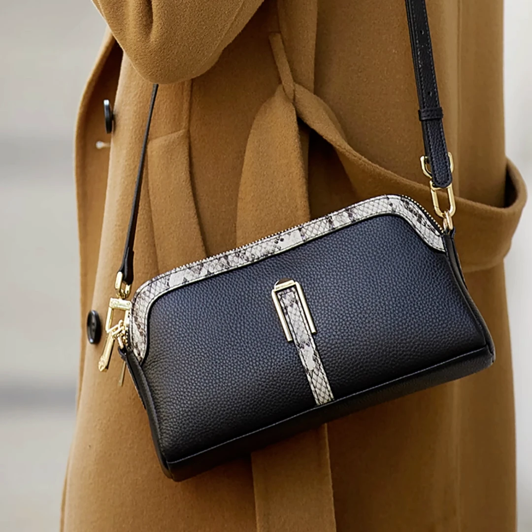 头层真皮蛇皮纹贝壳盒子包单肩斜挎包2025蛇年新款通勤百搭女士包