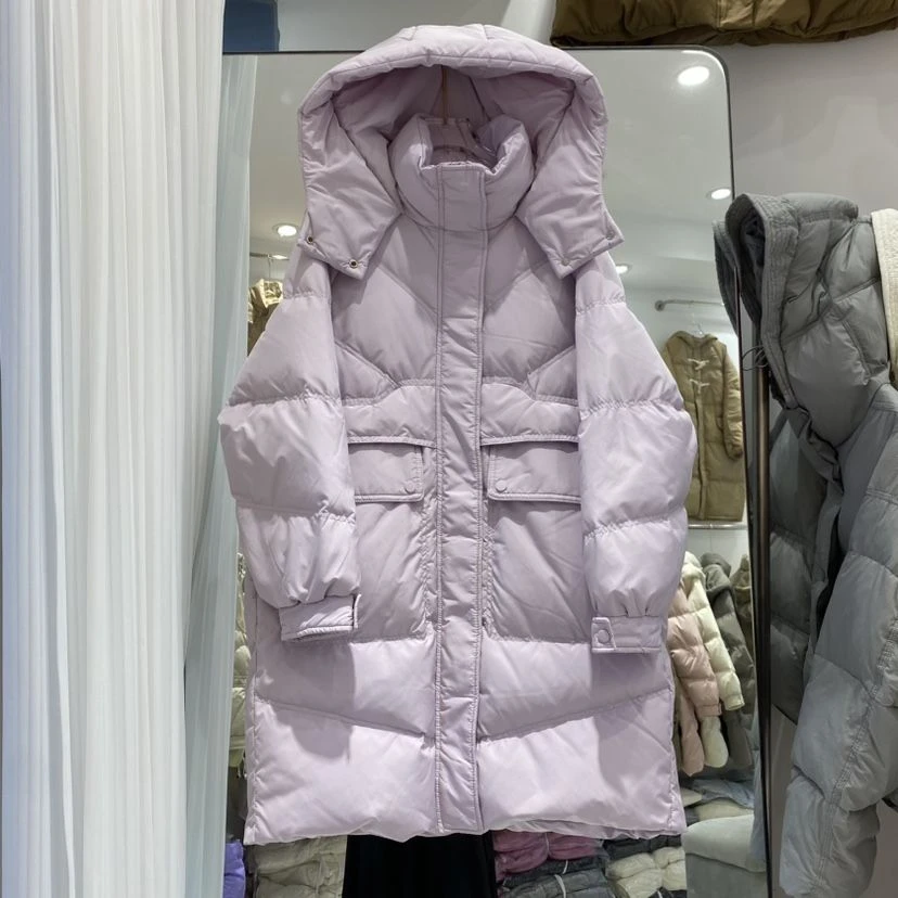 雅鹿新款2024年新款粉色羽绒服女中长款冬季休闲连帽宽松百搭白鸭