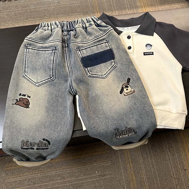 男童冬季裤子儿童牛仔裤加绒加厚2024新款宝宝一体绒加厚软牛仔裤