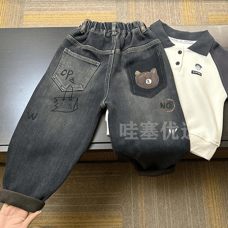 男童加绒牛仔裤2024新款冬装一体绒裤子小儿童加厚冬季男孩洋气潮