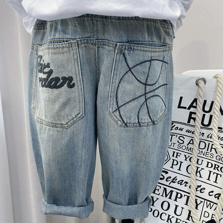 男童裤子儿童柔软牛仔裤春秋款2024新款洋气男孩宽松刺绣牛仔长裤