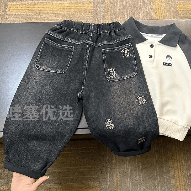 儿童加厚裤子男童加绒牛仔裤秋冬款2024冬季新款小男孩宽松长裤潮