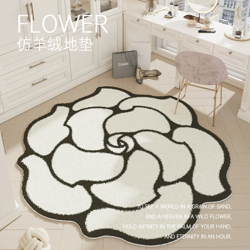 山茶花地毯卧室仿羊绒ins风床边垫梳妆台化妆椅地垫衣帽间异形毯