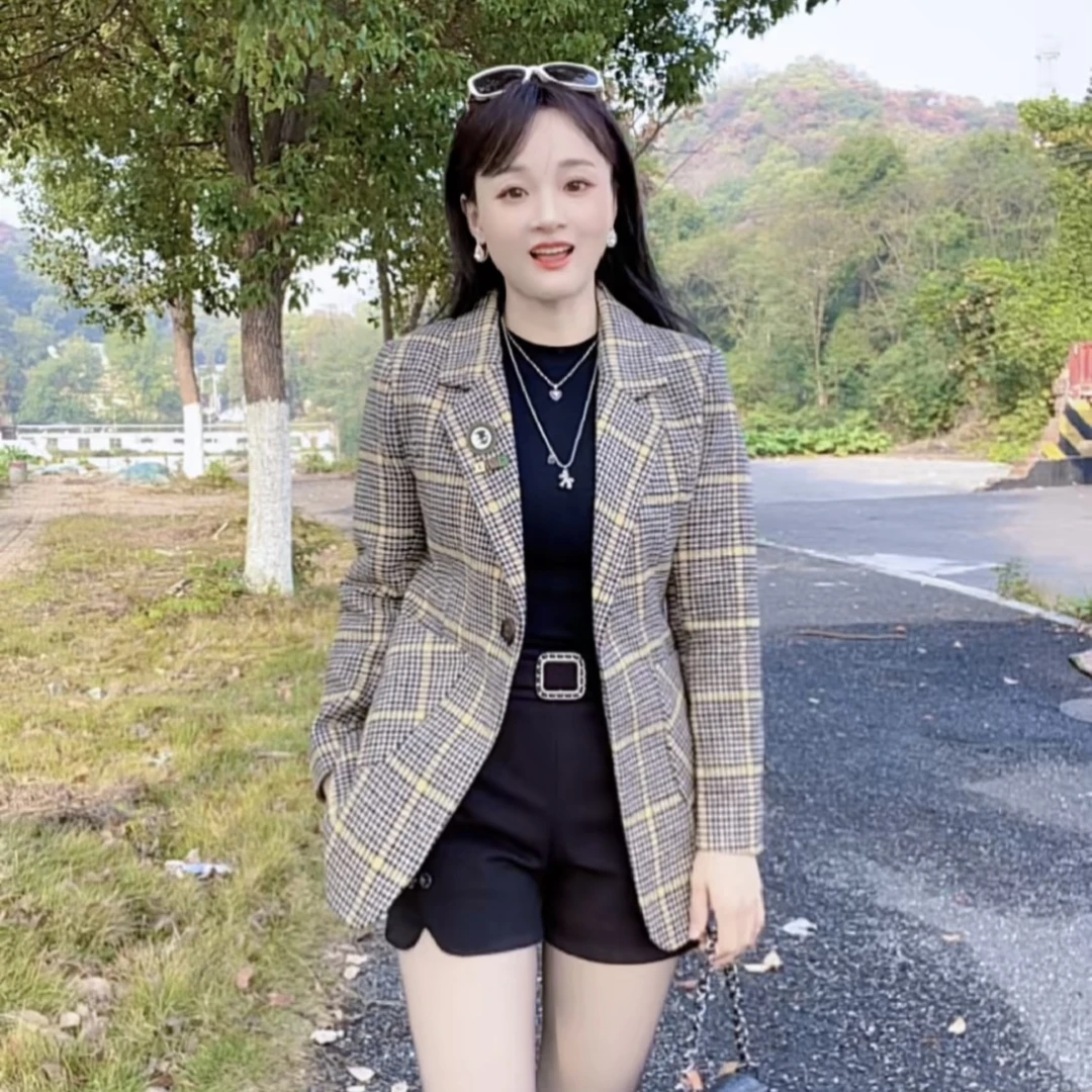 秋冬加棉格子西装外套格纹显瘦气质时尚修身小香风网红洋气 7620