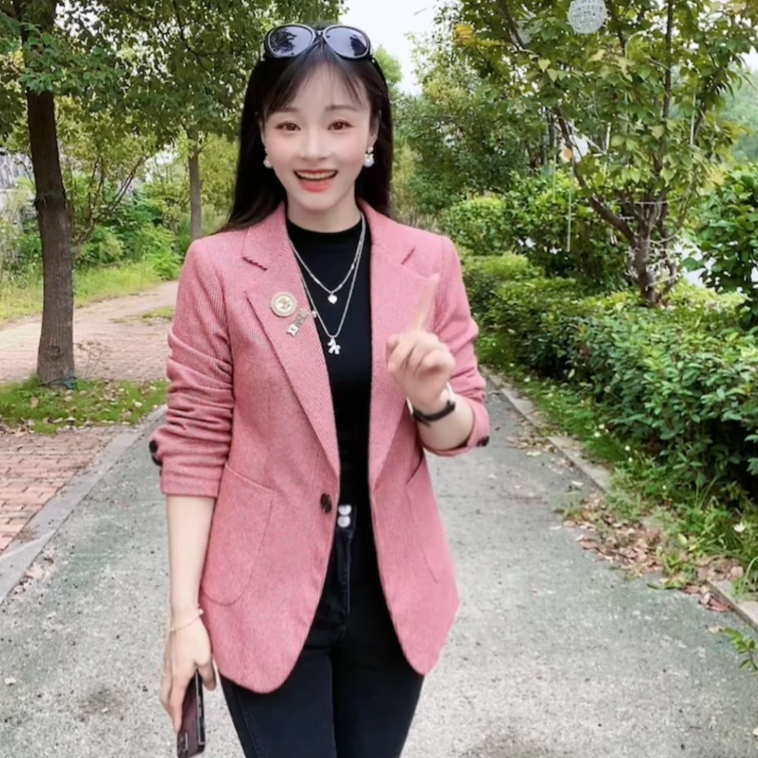磨毛千鸟格气质休闲西装外套女秋季修身显瘦外套百搭小个子 2313