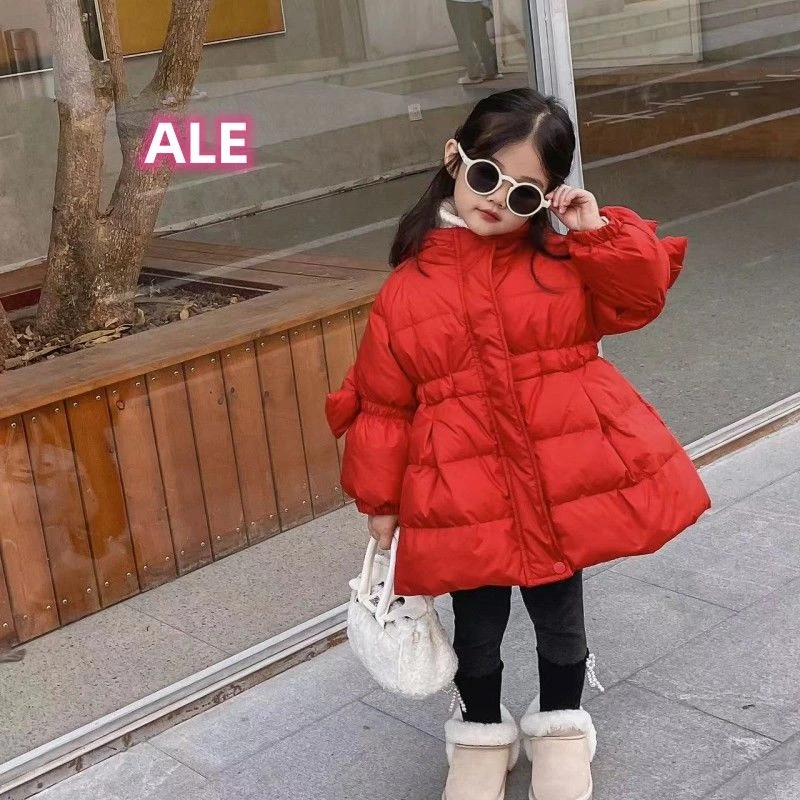 最新款收腰白鸭羽绒外套羽绒服洋气女宝冬季保暖红色中长款2023