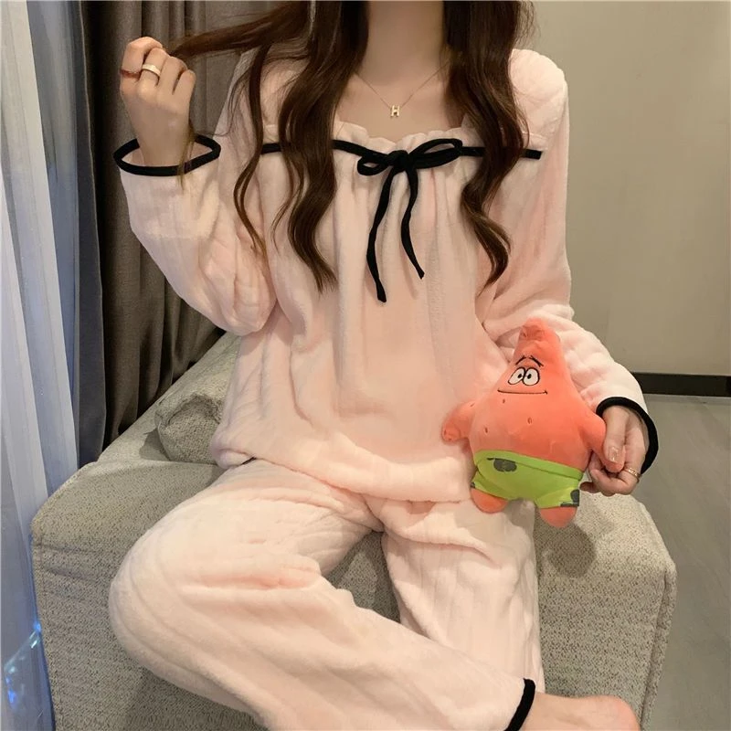 珊瑚绒睡衣女秋冬可外穿加厚甜美减龄长袖上衣长裤子家居服两件套