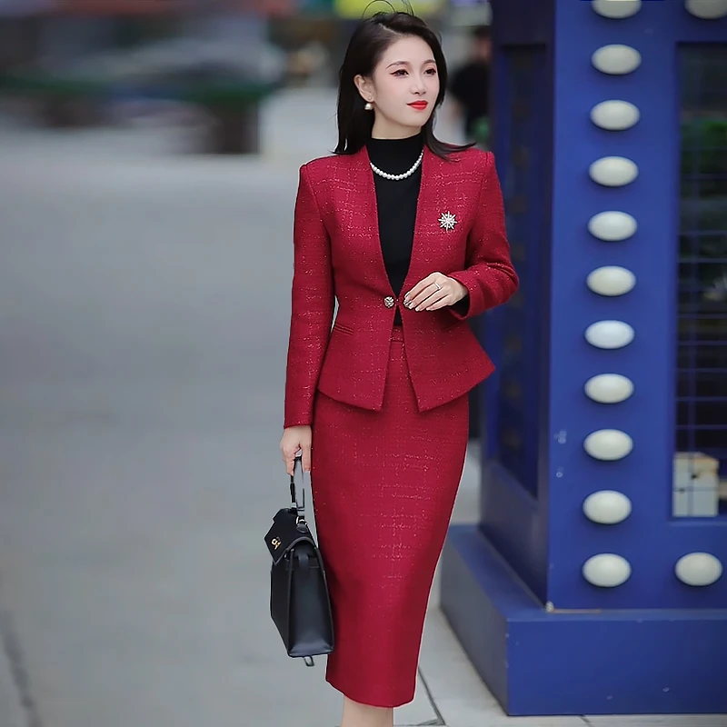 梅红色喜妈妈喜婆婆婚宴装礼服大气小香风套装裙气质高端两件套女