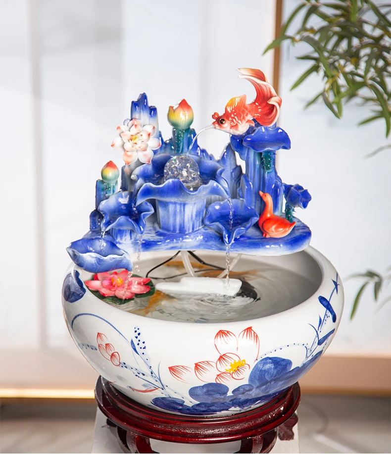 青花金鱼满堂景德镇陶瓷流水喷泉摆件加湿养鱼净化空气自动循环