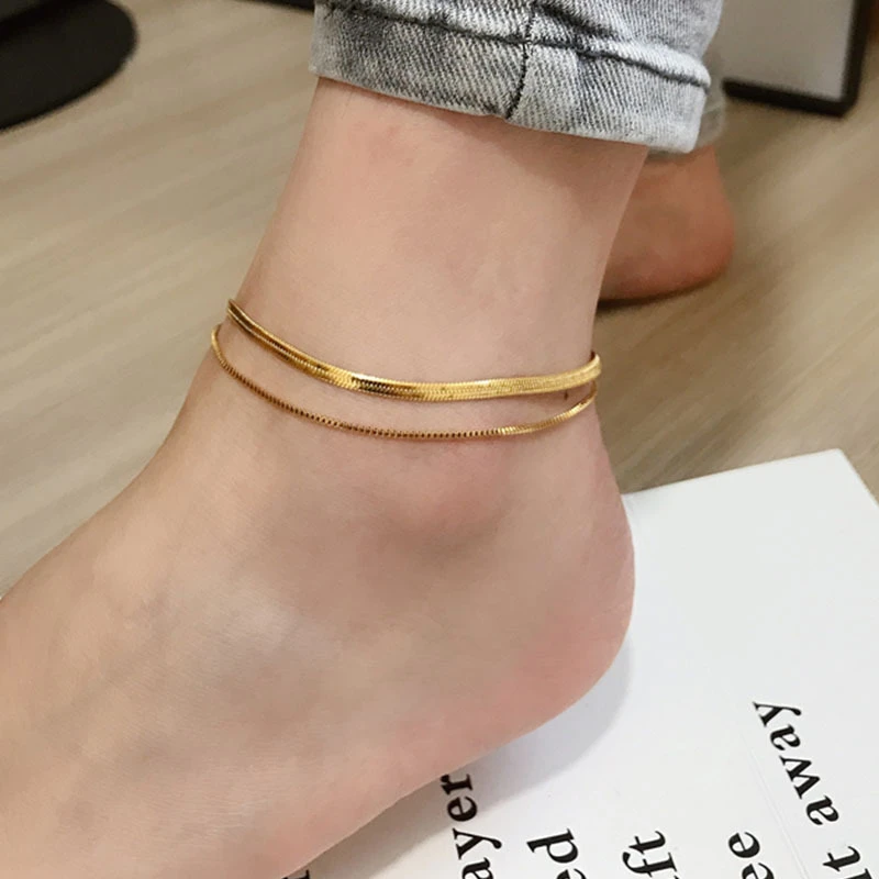 不锈钢锦纶脚链 小众百搭不锈钢Ins风日韩简约蛇骨链双层钛钢脚链