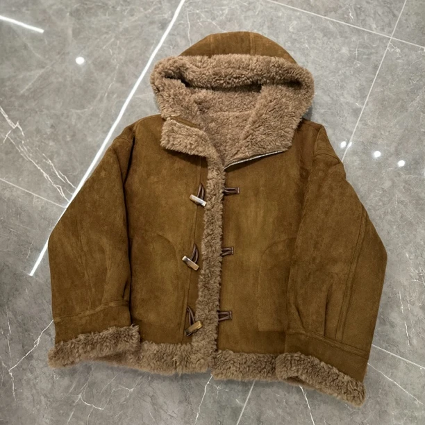 【海宁茹意】百分百羊毛帽款新款冬季休闲反绒面羊毛女士外套