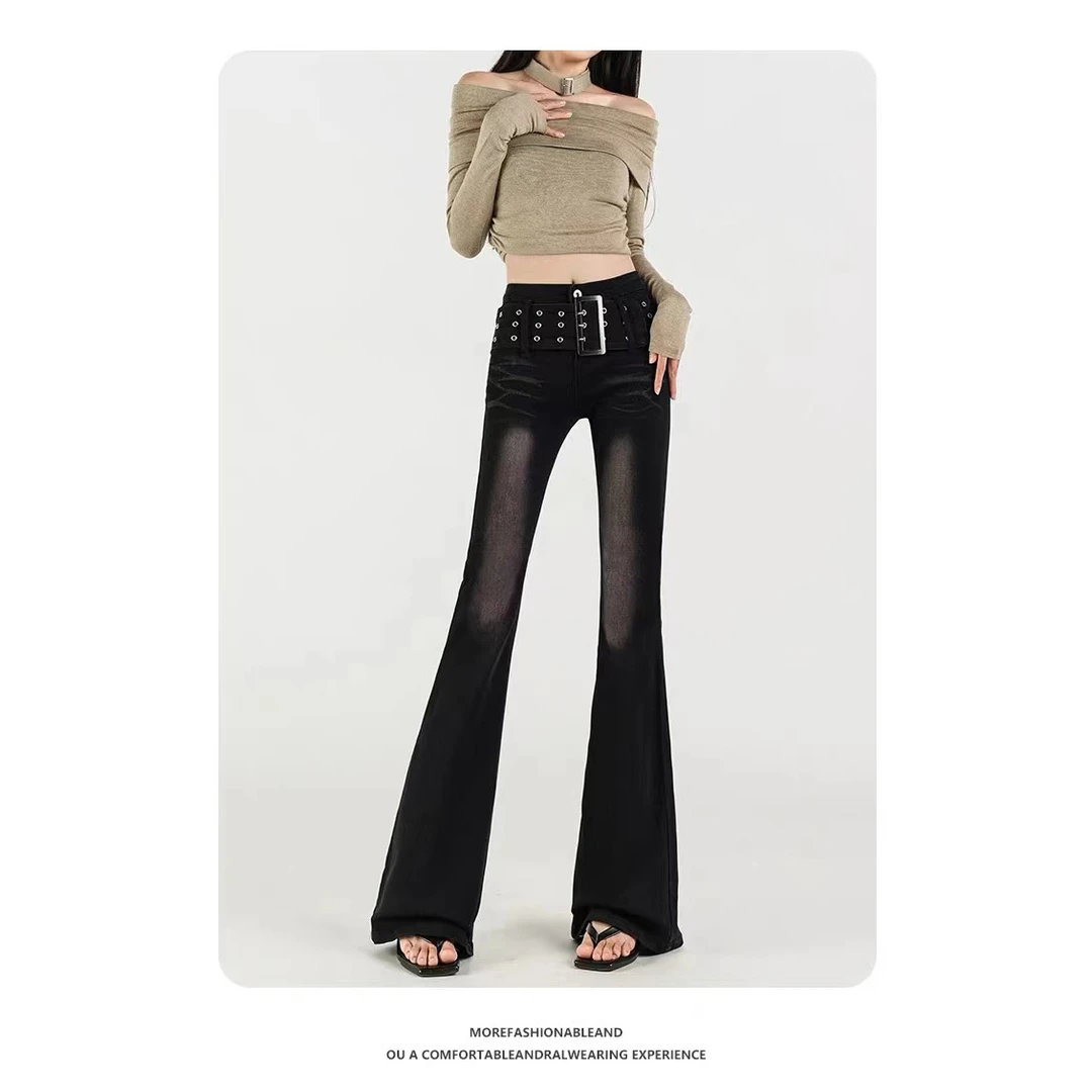 大码黑色渐变粉微喇牛仔裤女2024秋季新款高腰设计腰带修身裤