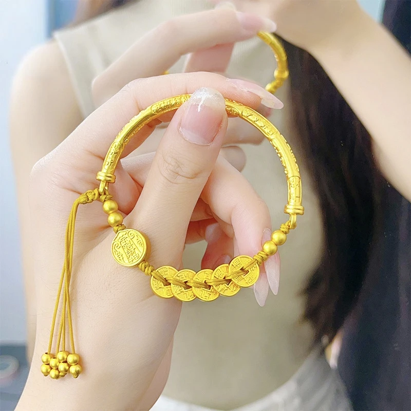 铜合金手链 新中式五帝钱黄财神半镯编绳女款手链复古时尚百搭