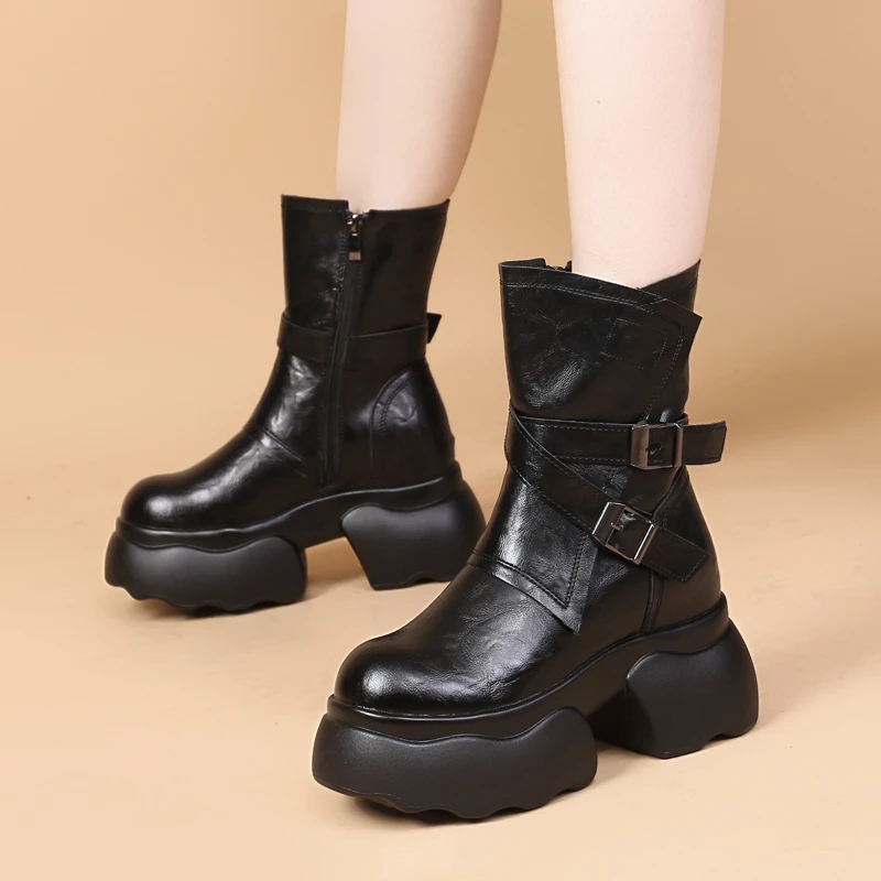 厚底增高8cm小个子马丁靴子女2025秋冬爆款加绒机车英伦中筒靴女