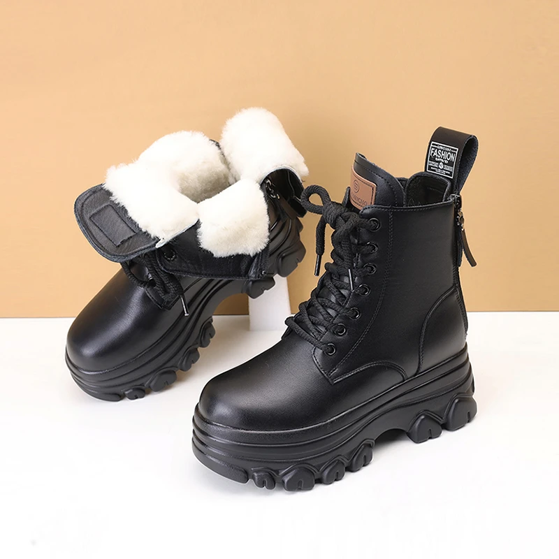 羊羔毛靴子真皮2024冬季新款内增高马丁靴子女厚底加厚英伦风