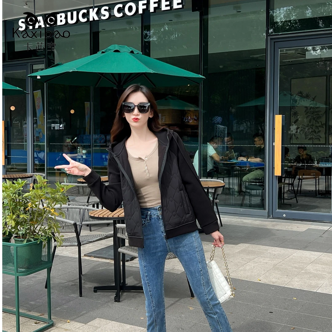 身形计外套带帽拼接羊毛外套女666