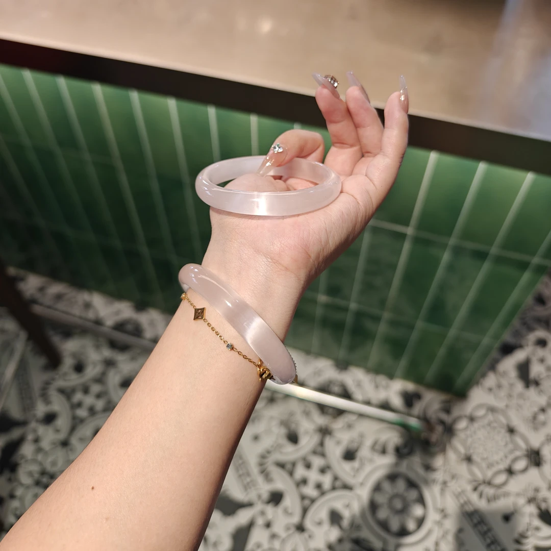 非金属仿水晶手镯 【西柚粉小细条】玉石手镯猫眼追光绸缎玉镯镯子