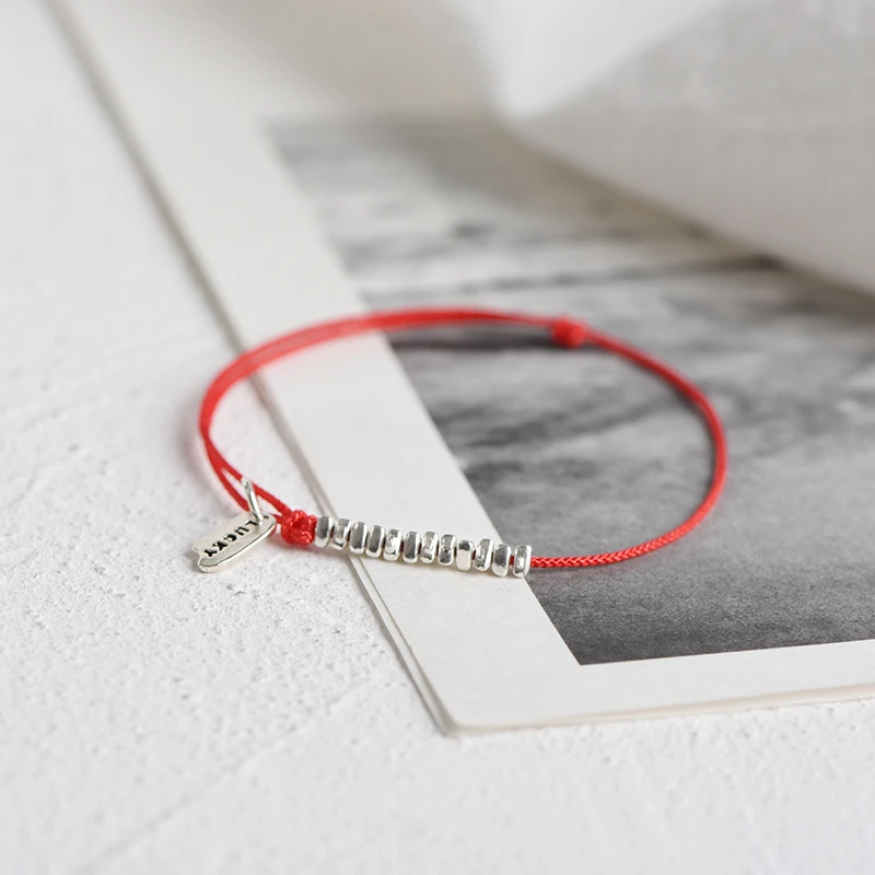 925银脚链 碎银几两纯银红绳手链女转运珠极细平安幸运手绳情侣