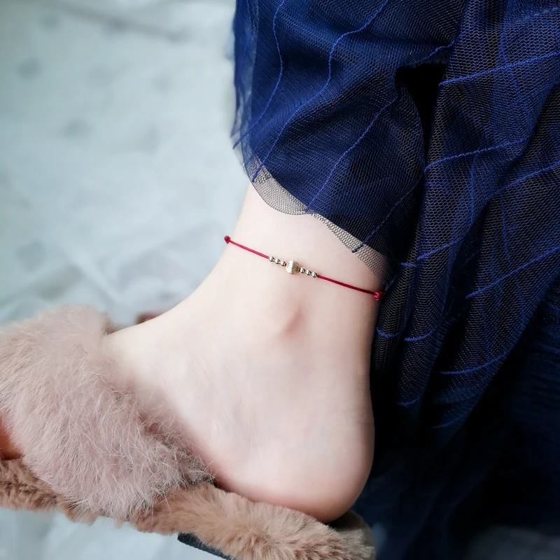 合金脚链 红绳女洗澡不掉色小众设计极细简约性感编织脚绳复古风