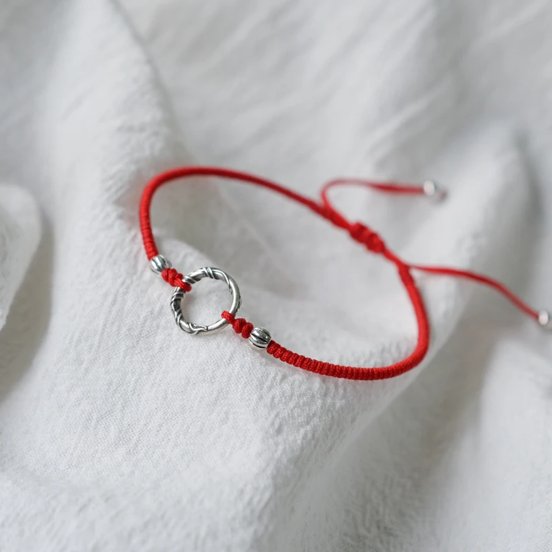 925银手链 乾坤圈转运细款红绳手链女手工编制纯银简约幸运编织小