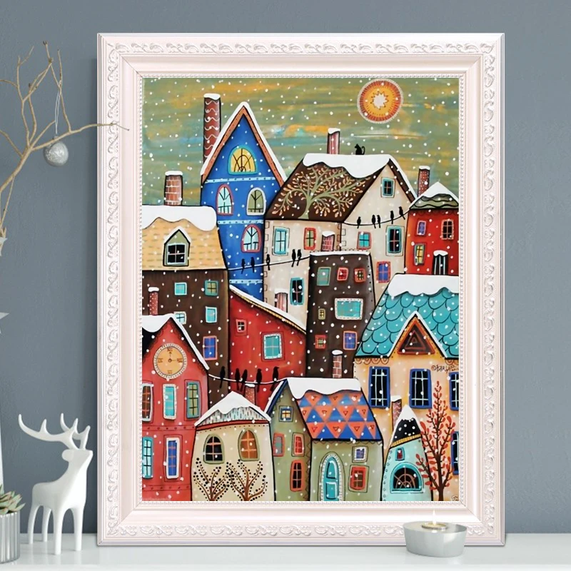 雪景城堡钻石画满钻风景挂画手工diy砖石贴钻十字绣新款AB彩钻X