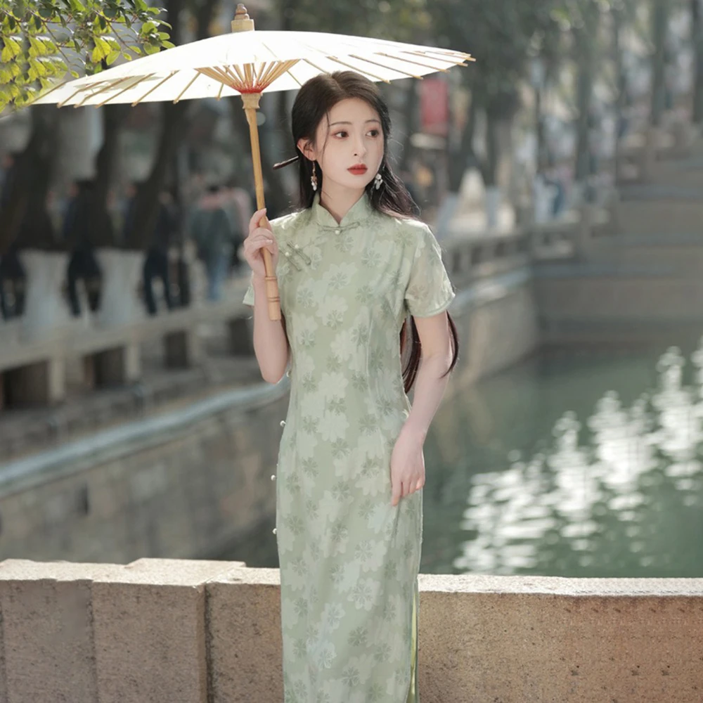 素雅旗袍 绿色日常端庄气质小清新淑女年轻款 夏季新款连衣裙
