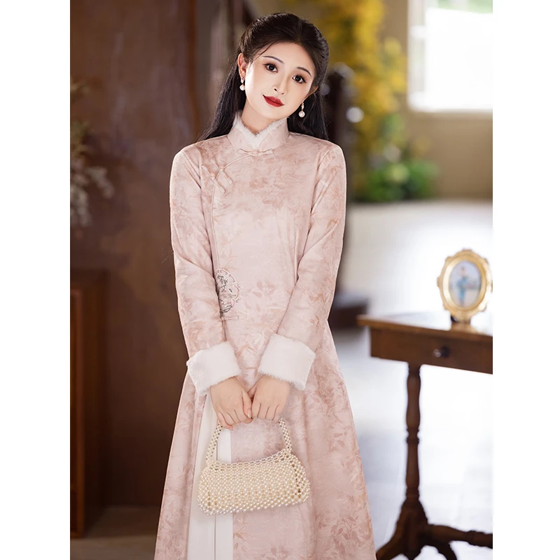 新中式A版冬款加绒旗袍冬季复古加厚无开叉素雅长袖日常款连衣裙