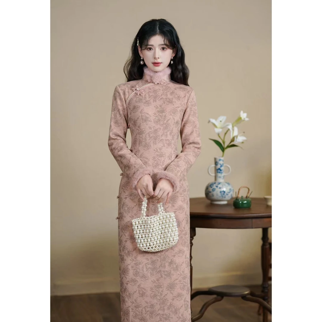 素雅冬款加厚长袖旗袍2024年冬季新中式民国风少女改良版日常款