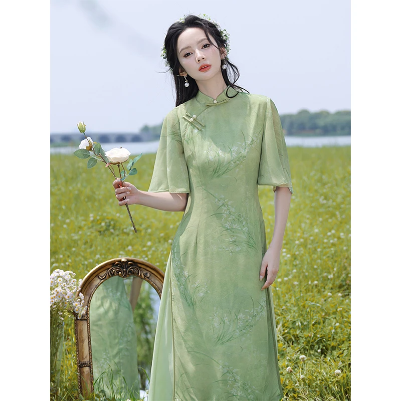 绿色旗袍 夏季新中式素雅年轻款日常奥黛连衣裙改良版茶服大摆裙
