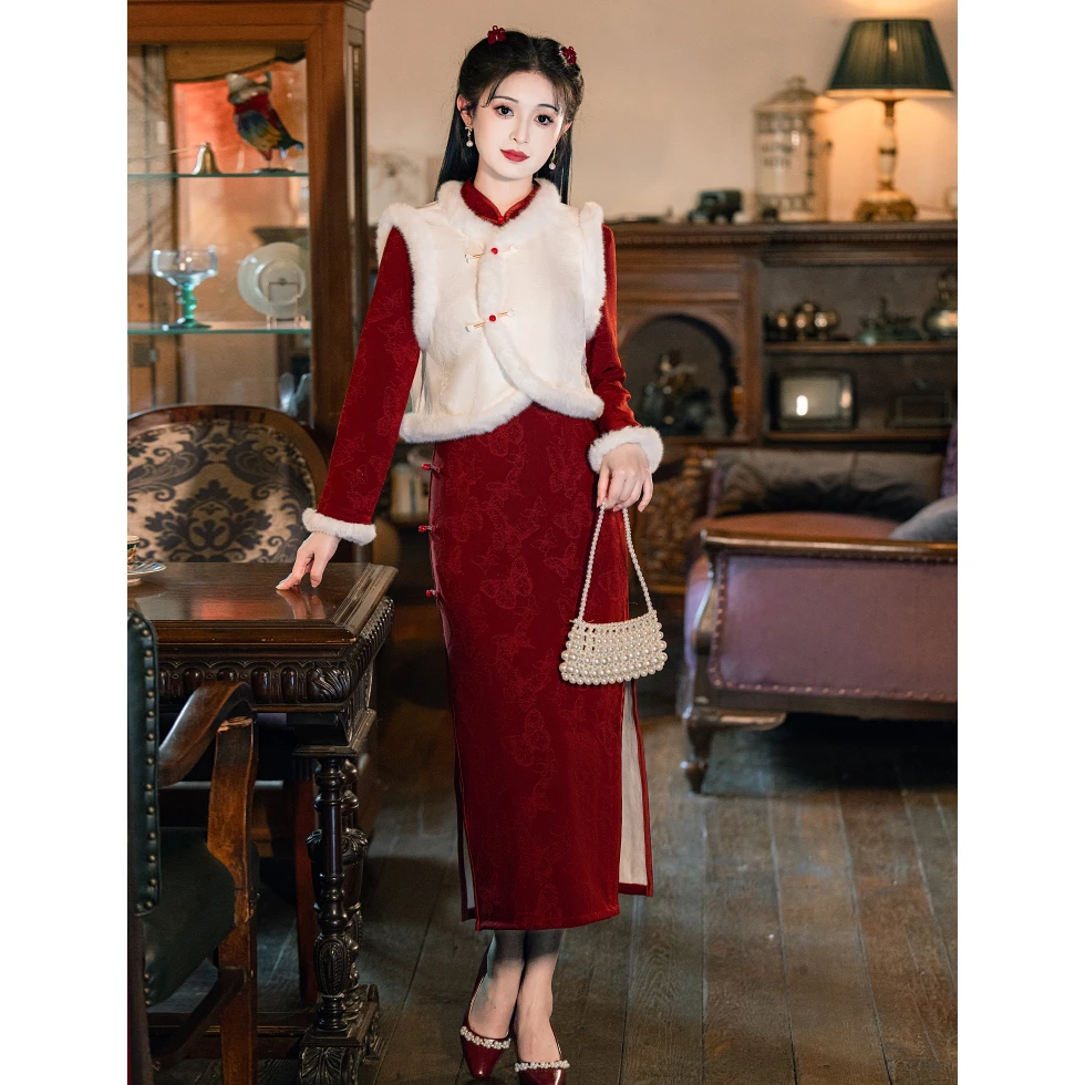 新中式红色秋冬款加绒旗袍马甲两件套气质改良版订婚敬酒服回门装