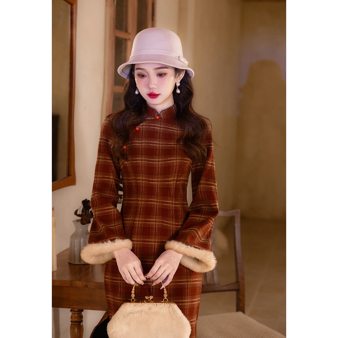 复古老上海冬款格子旗袍新中式优雅气质年轻款长袖加厚加绒日常款