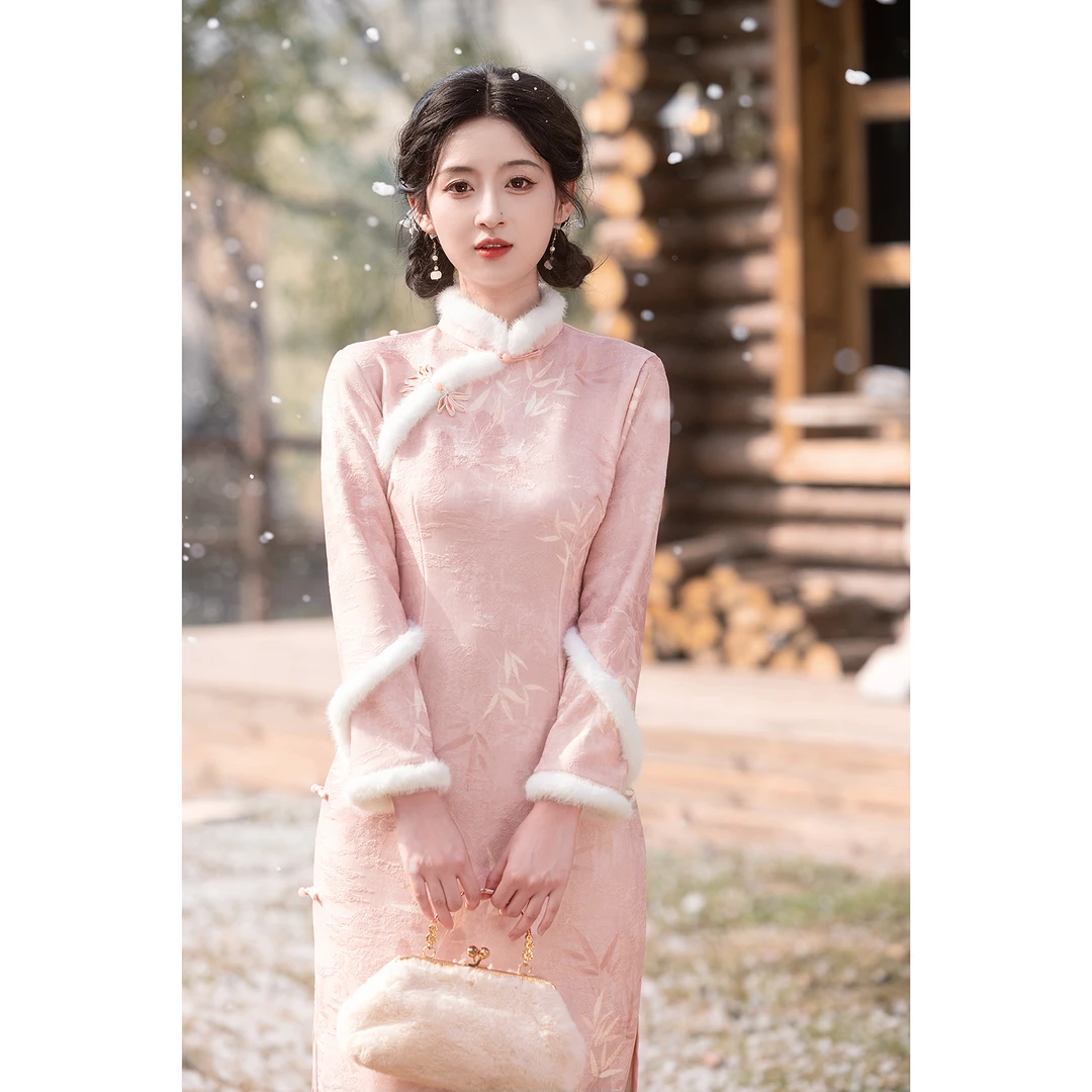 粉色素雅冬款加绒旗袍小个子新中式长袖修身日常改良大码连衣裙