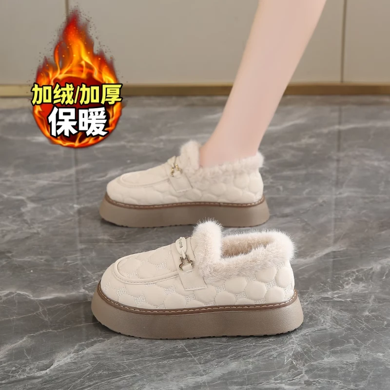 厚底一脚蹬毛毛棉鞋女鞋2024新款冬季加绒保暖乐福鞋雪地靴豆豆鞋