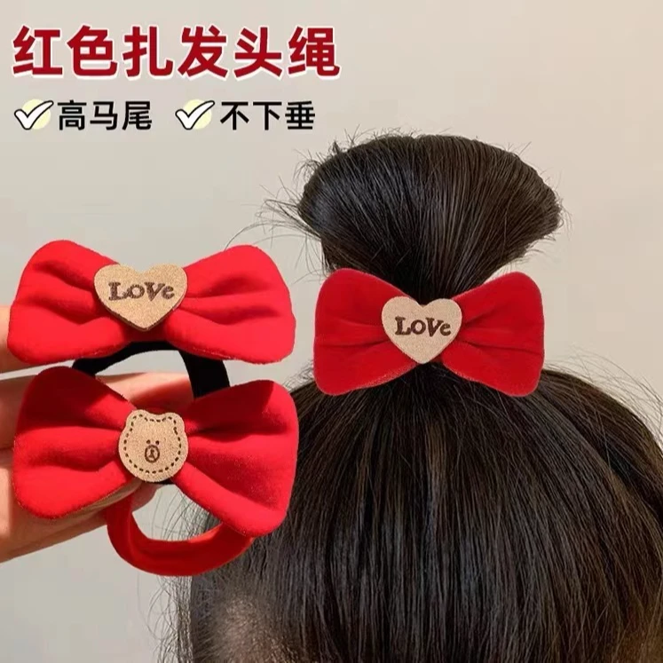 新年女童头绳红色喜庆蝴蝶结发圈皮筋女扎头高弹力马尾发绳头饰