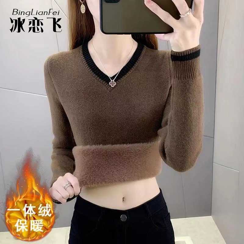 内搭一体绒毛衣女冬季新款韩版显瘦V领加绒加厚保暖针织打底衫潮