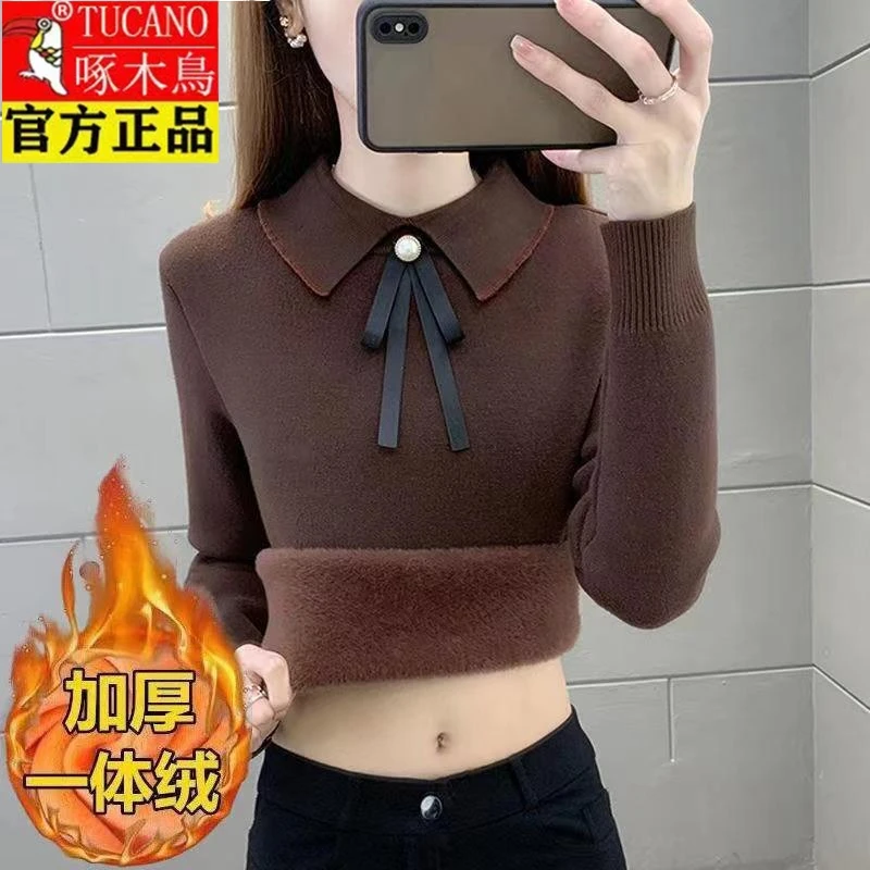 啄木鸟加绒加厚毛衣女冬季洋气百搭宽松显瘦保暖针织一体绒打底衫