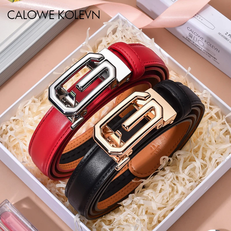 CALOWE KOLEVNG字扣女士皮带真皮自动扣头层牛皮细款腰带女皮带潮