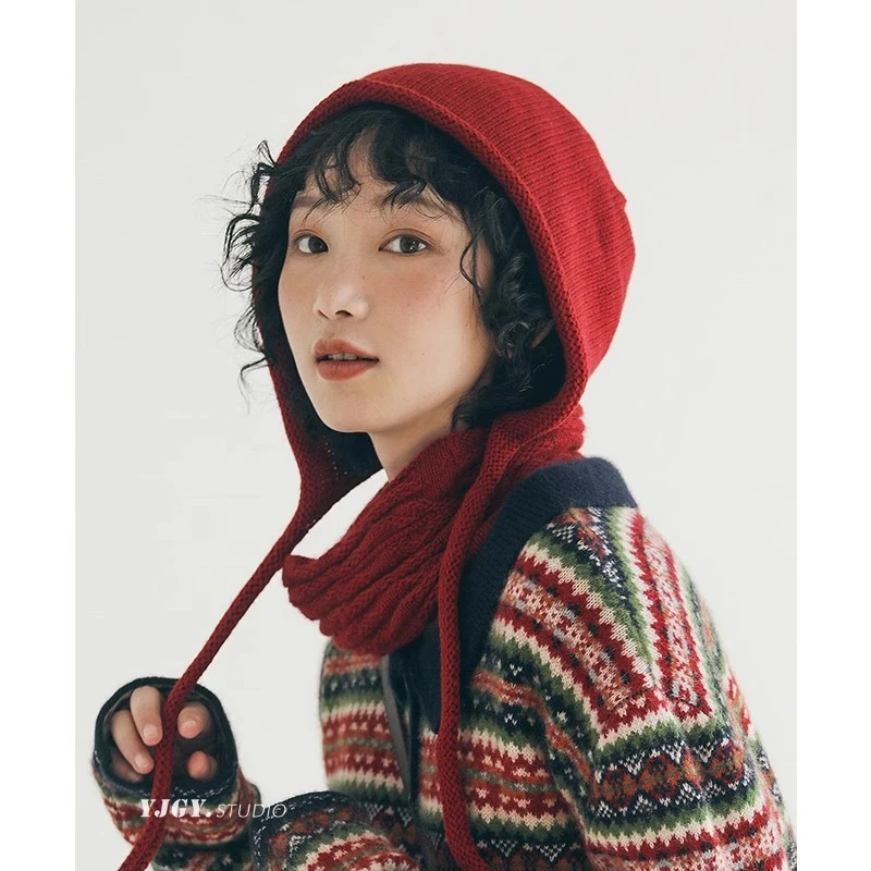 印计谷羽 帽子女秋冬季百搭保暖浣熊绒护耳萝莉帽日系毛线针织帽