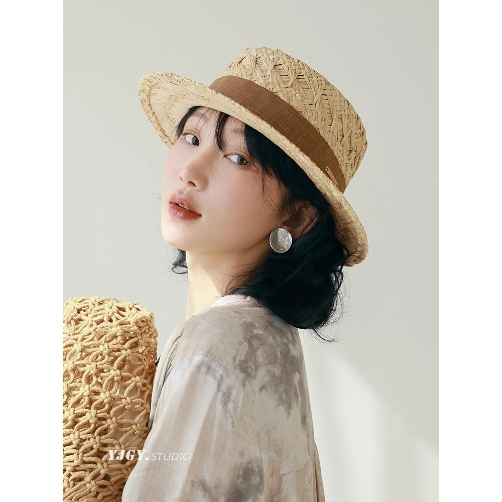 设计师原创 赫本风拉菲草平顶草帽女夏天防晒遮阳帽礼帽