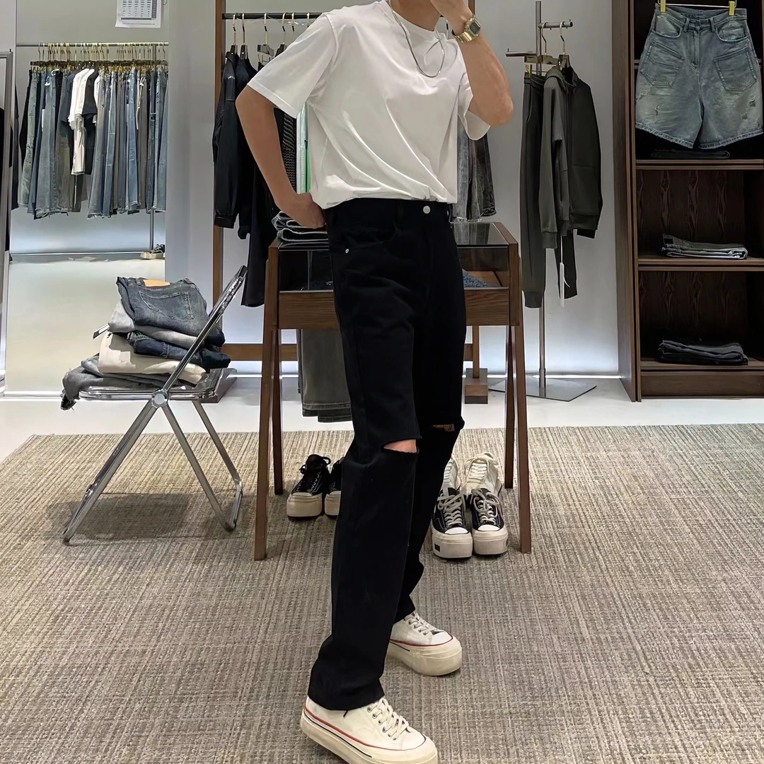 TKTHEKINGJS/1909男士时尚早秋黑色净版一刀割破直筒男牛仔裤子.