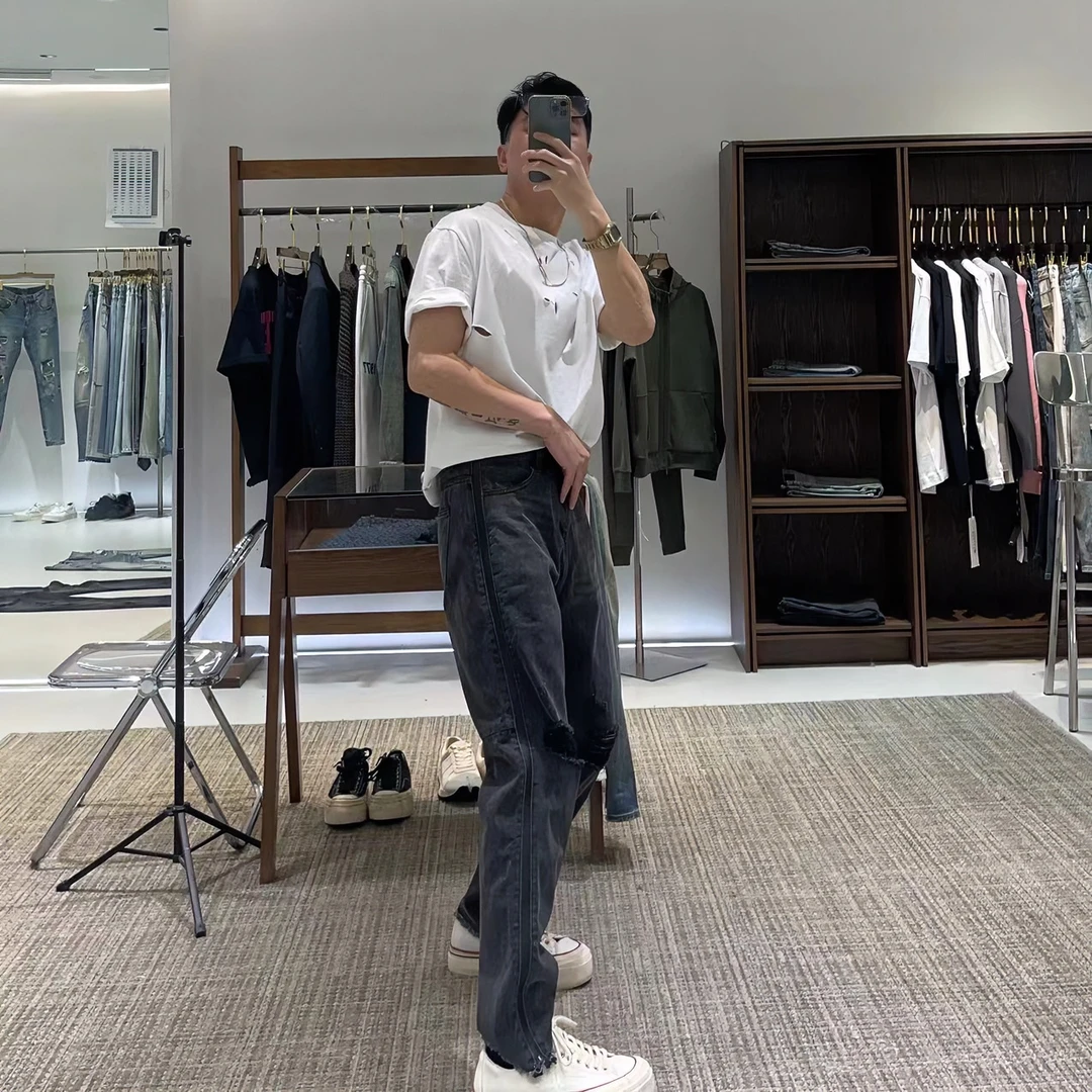 TKTHEKING/99629韩版侧拉链真破洞微宽松直筒水洗男生男士牛仔裤