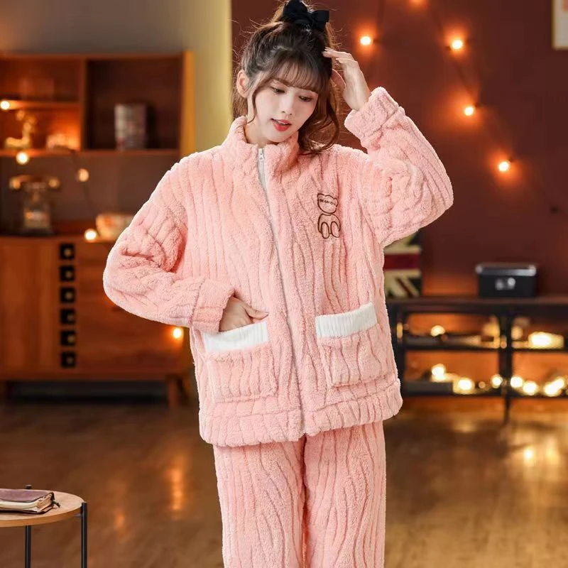 长袖开衫法兰绒家居服女士珊瑚绒加绒加厚保暖睡衣女冬加厚加绒