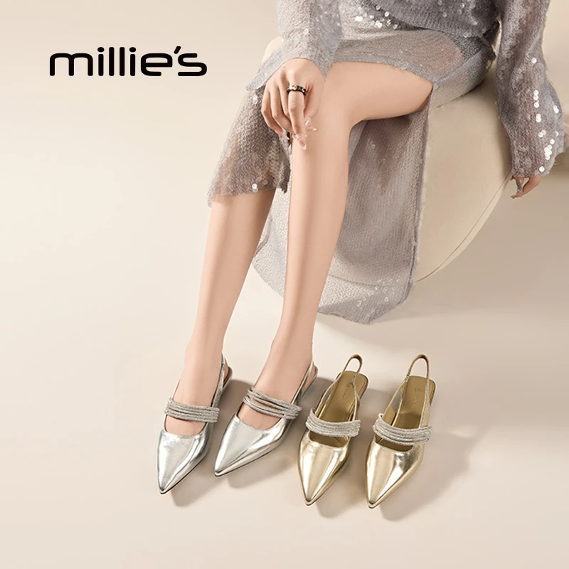 Millies女鞋妙丽真皮尖头气质凉鞋夏新款法式一字带外穿百搭女鞋