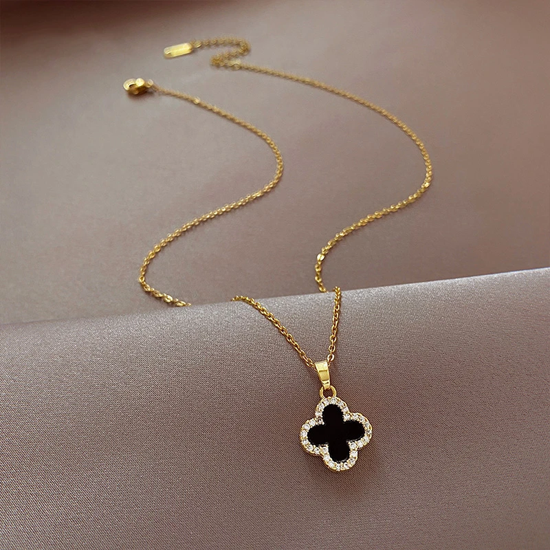 钛钢项链 四叶花双面气质优雅金色两戴ins锁骨项链礼物锁骨链轻奢