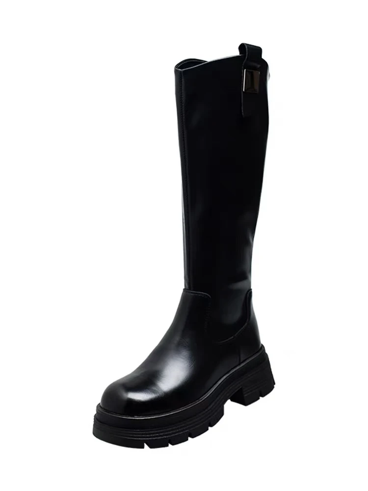 2024 年秋冬新款厚底粗跟不过膝长筒加绒马丁靴