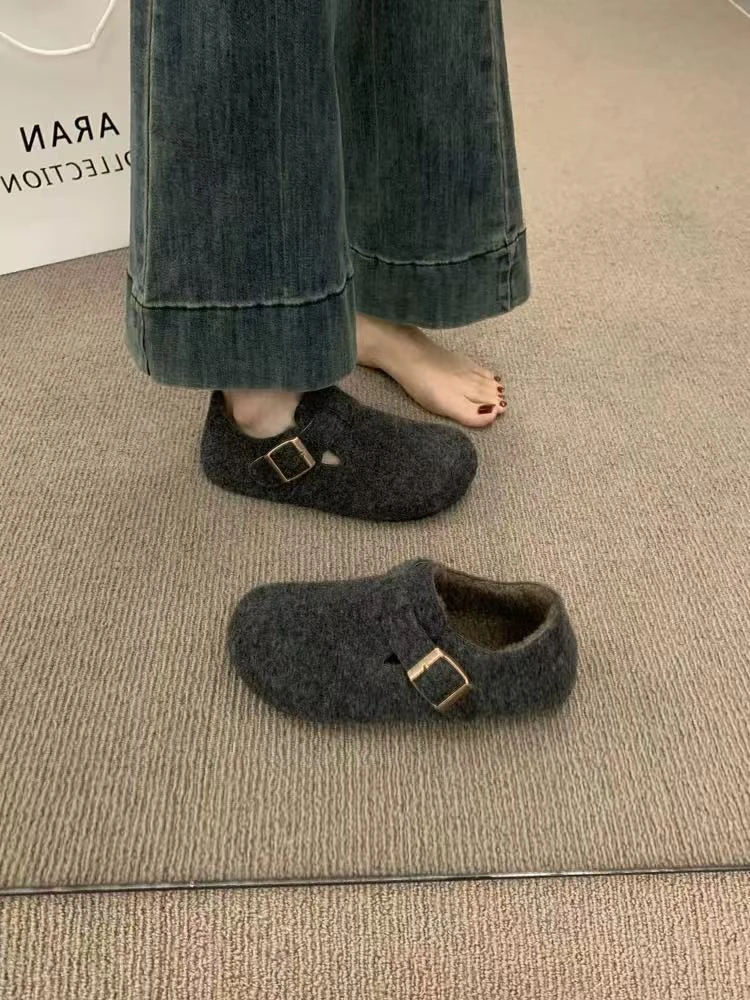 秋冬复古圆头毛毡加绒一脚蹬保暖休闲勃肯鞋