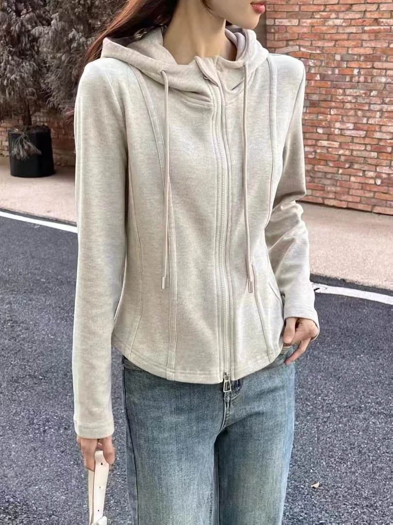 2023年新款冬季加绒气质百搭连帽休闲拉链开衫卫衣