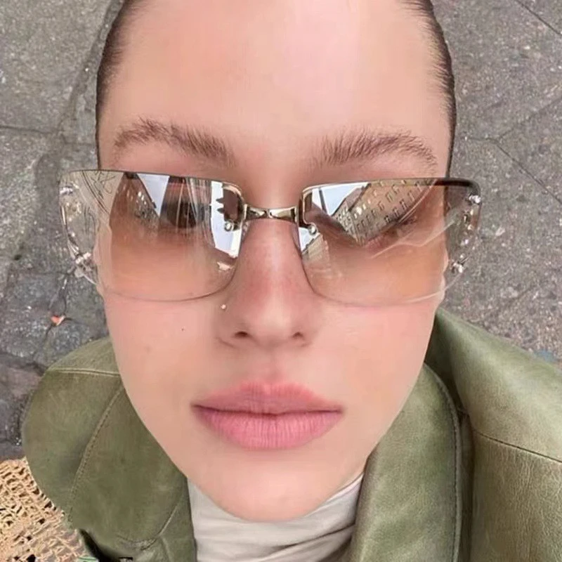 欧美复古潮流方形切边镶钻墨镜女潮千禧风辣妹未来感无框太阳眼镜