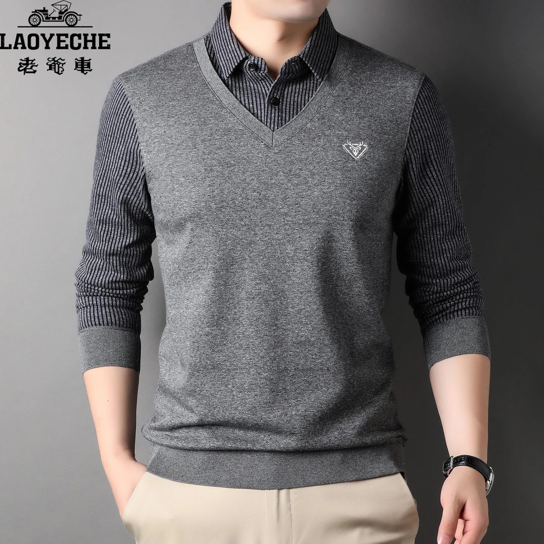 加绒加厚假两件毛衣男士长袖商务时尚休闲男士假两件长袖