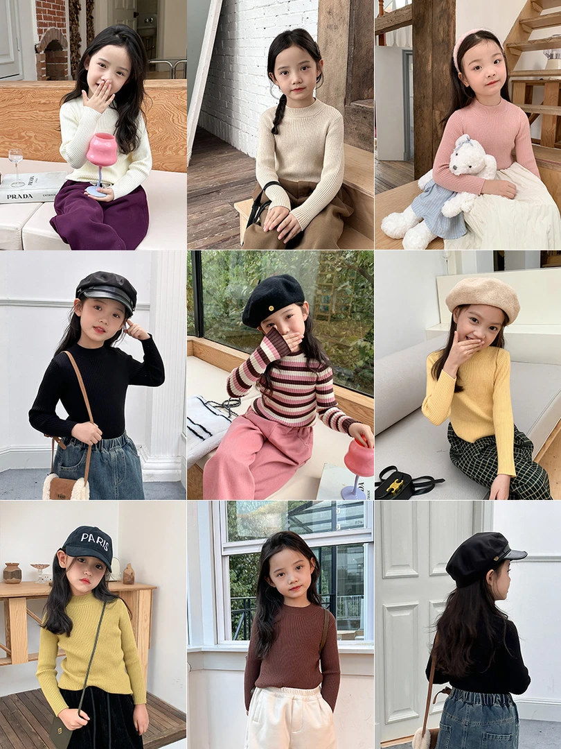 儿童2023秋冬女童高弹包芯纱软糯半高领针织打底毛衣女童针织衫